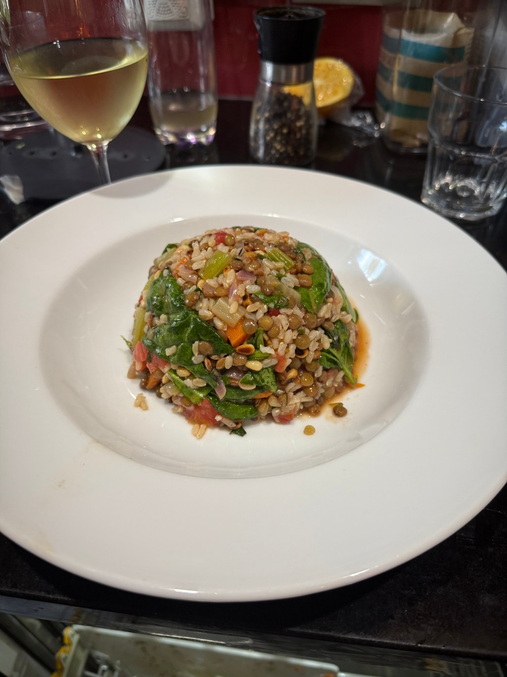 Brown rice and lentils with pine nuts and&nbsp;spinach