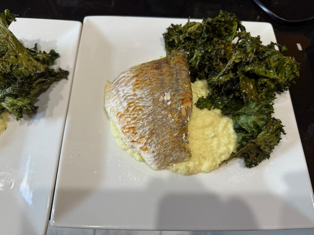 Crispy Skin Barramundi, Cauliflower Leek Puree and Crispy&nbsp;Kale
