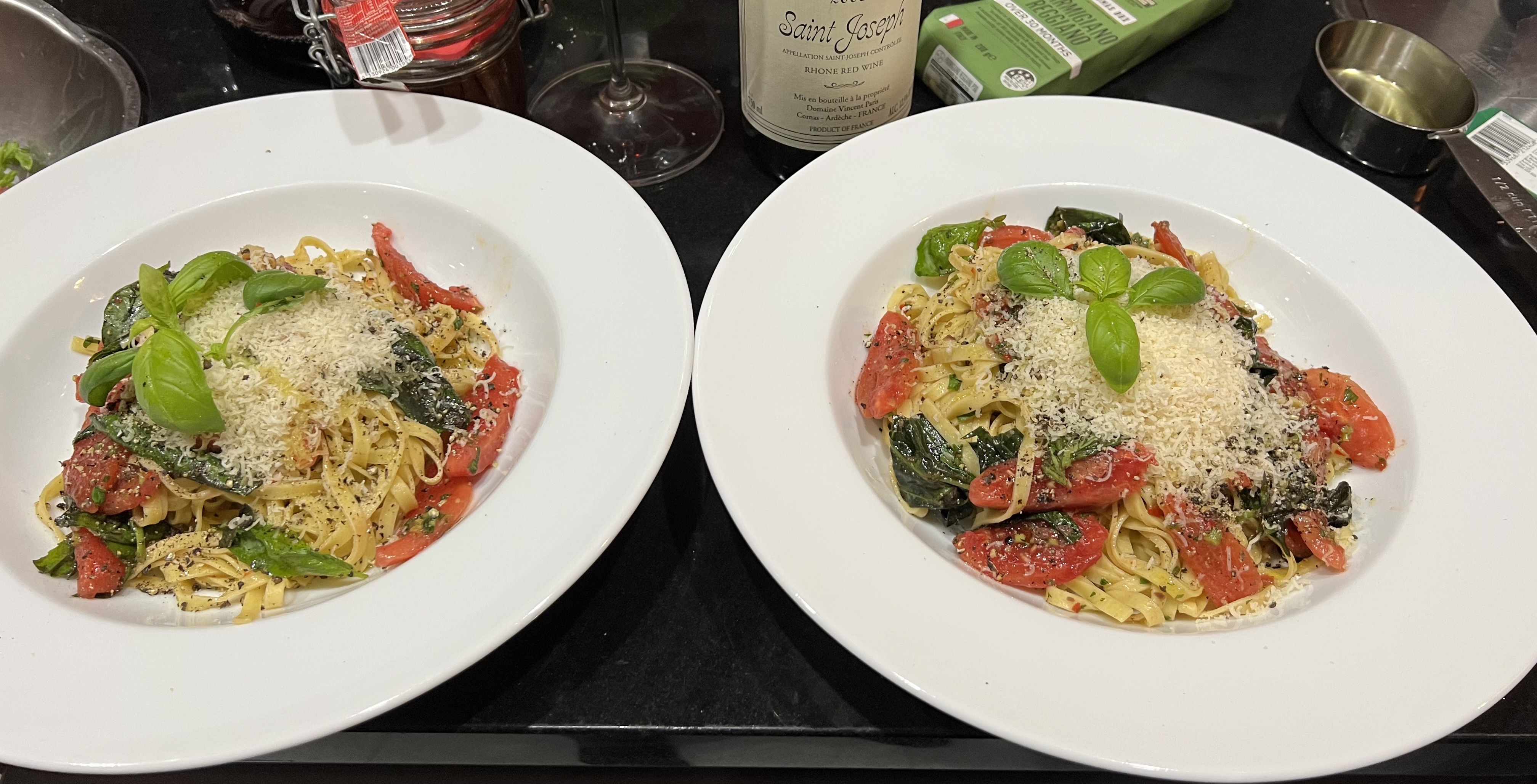 *Linguine with chilli & anchovies, tomatoes, olive oil & basil
