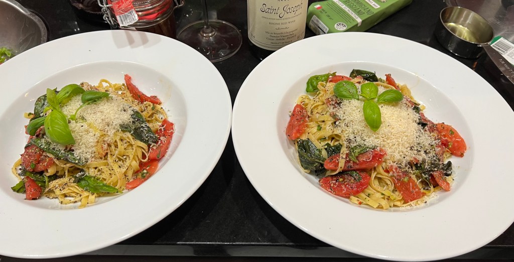 *Linguine with chilli & anchovies, tomatoes, olive oil &&nbsp;basil