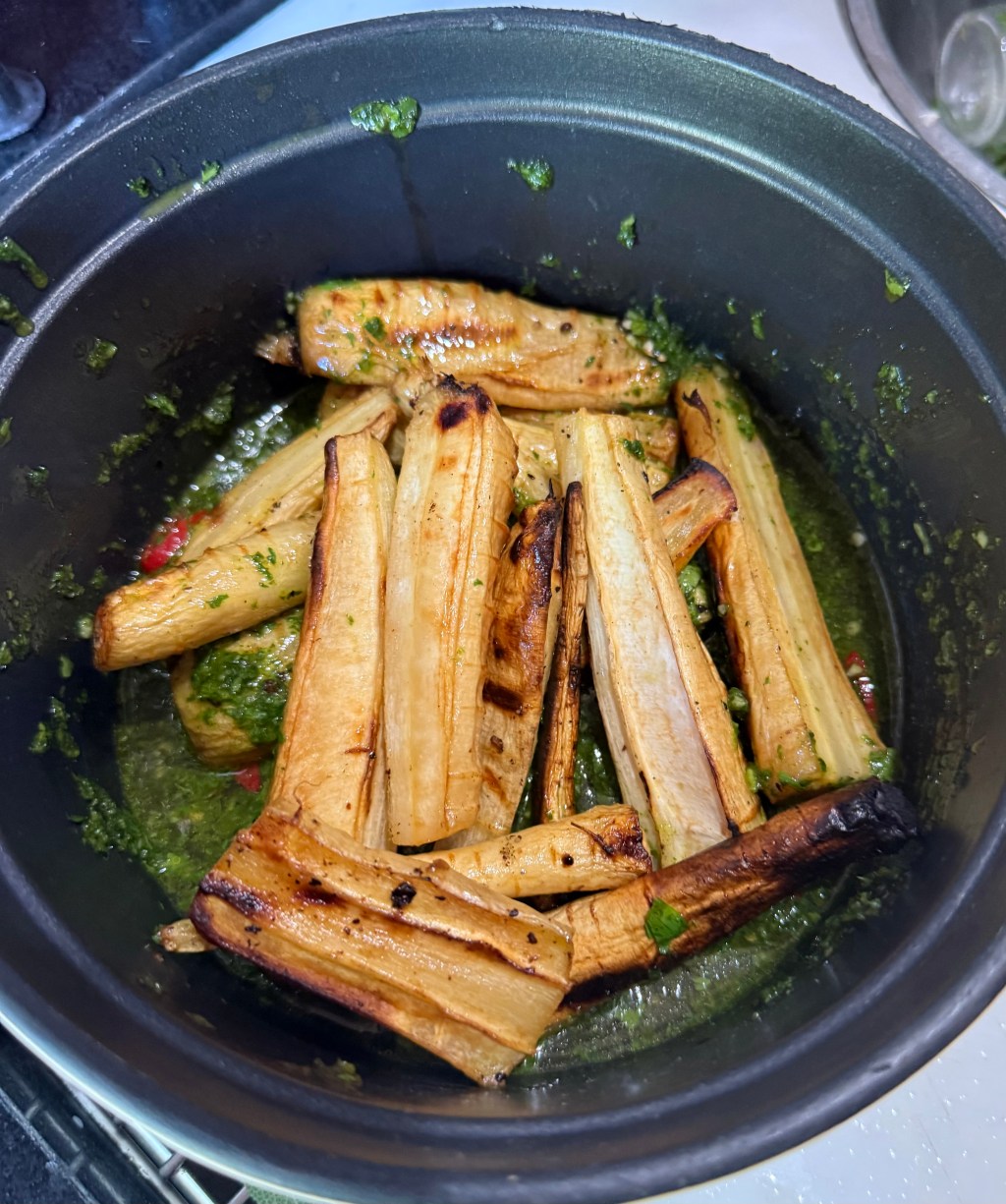 Grilled confit parsnips with herbs and&nbsp;vinegar