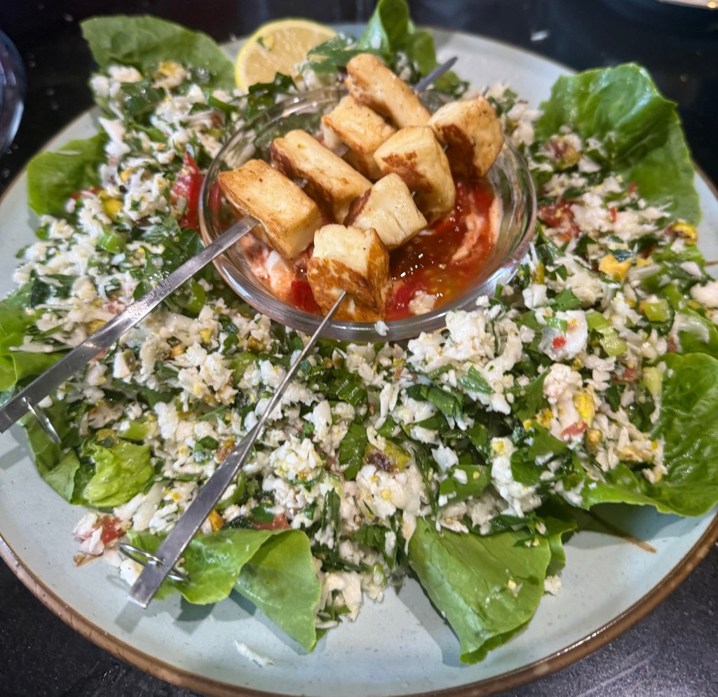 Halloumi skewers and cauliflower tabbouleh with&nbsp;pistachios