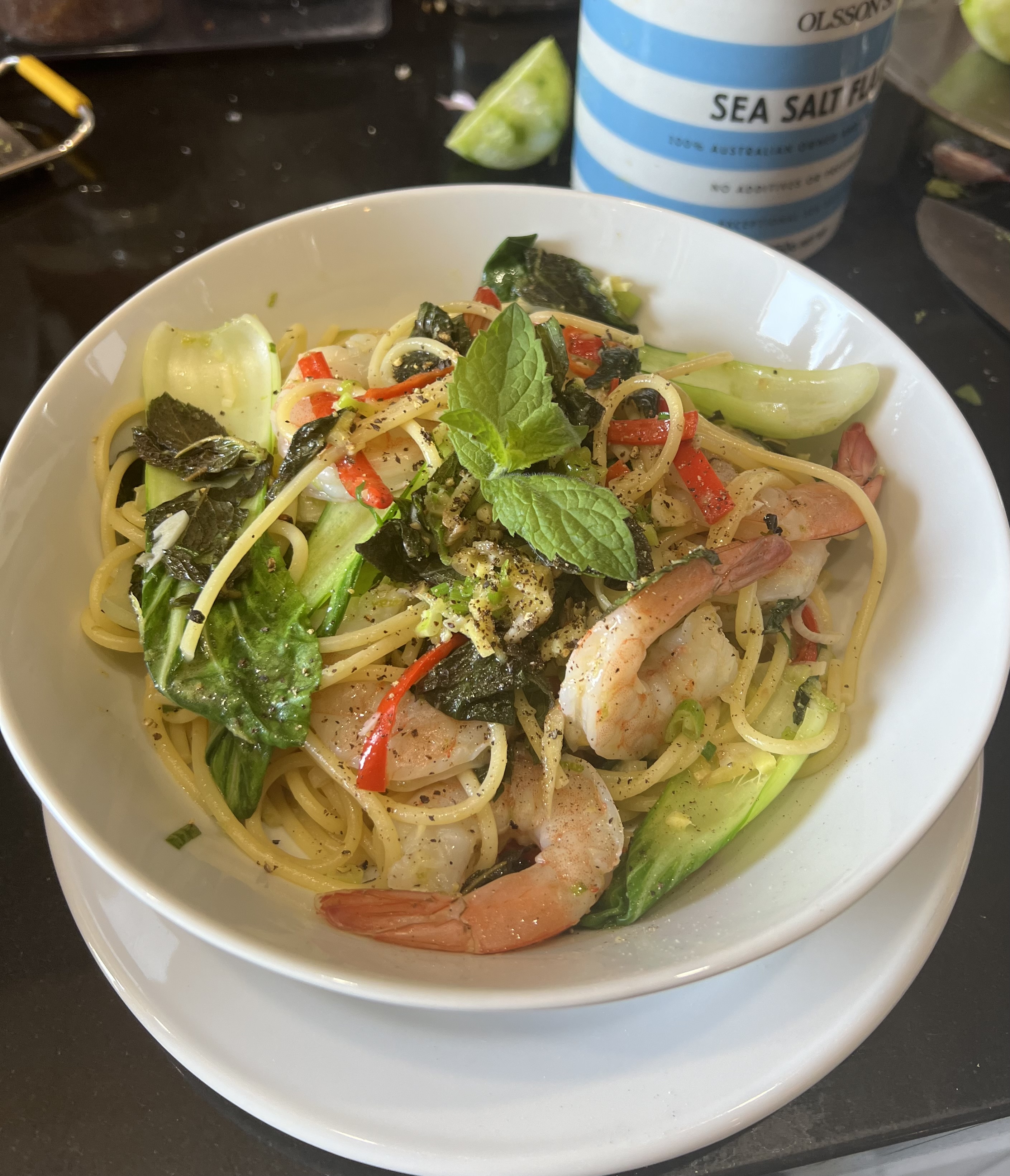 Prawn, chilli and mint spaghetti