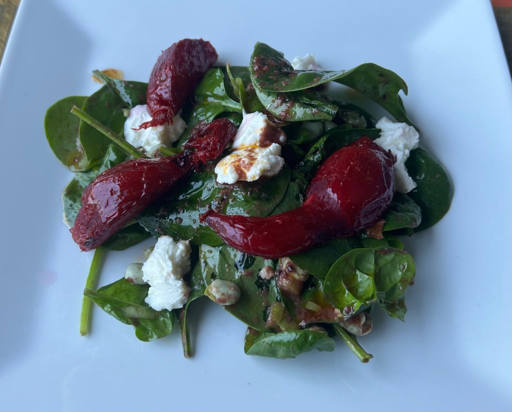 Broad bean, spinach and beetroot salad with goats’ cheese and a tapenade&nbsp;dressing