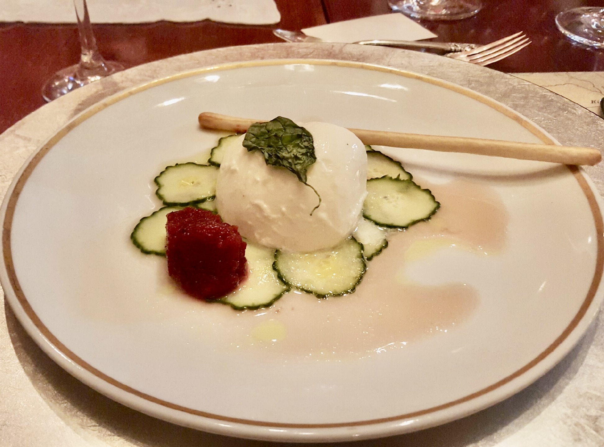 Tomato and beet gazpacho mousse on lemon cucumber carpaccio with buffalo&nbsp;mozzarella