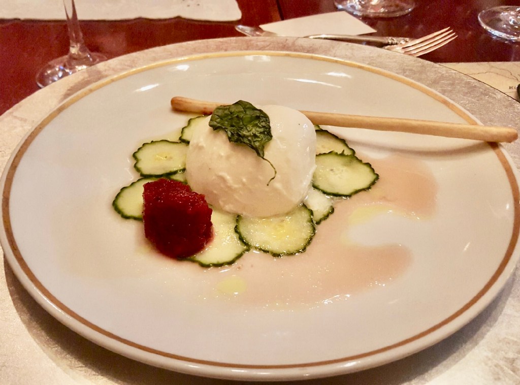 Tomato and beet gazpacho mousse on lemon cucumber carpaccio with buffalo&nbsp;mozzarella