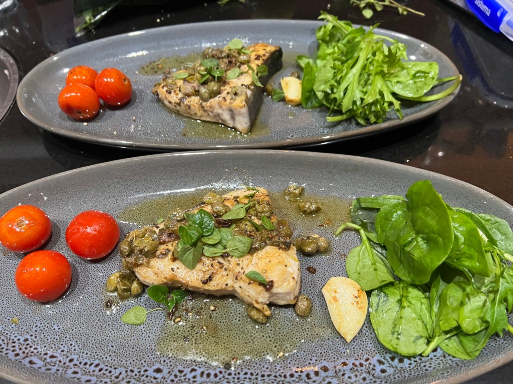 *Swordfish-like steak with crispy&nbsp;capers