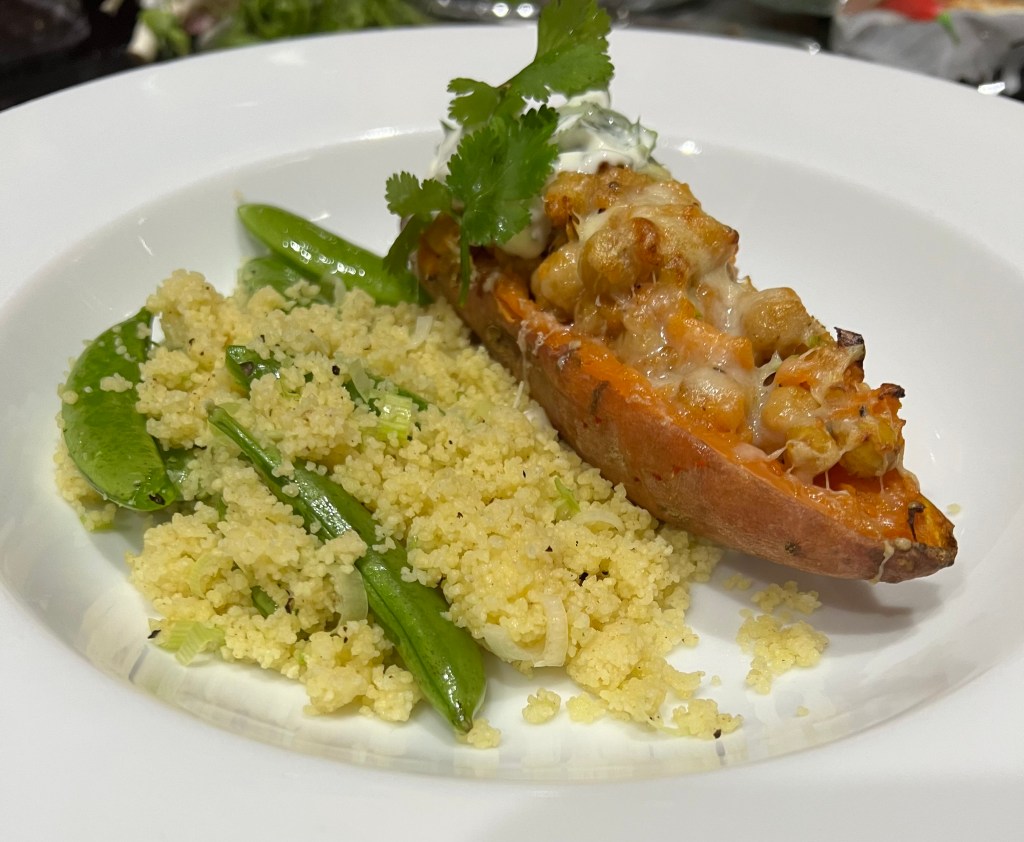 Chickpea-stuff sweet potato with pea&nbsp;couscous