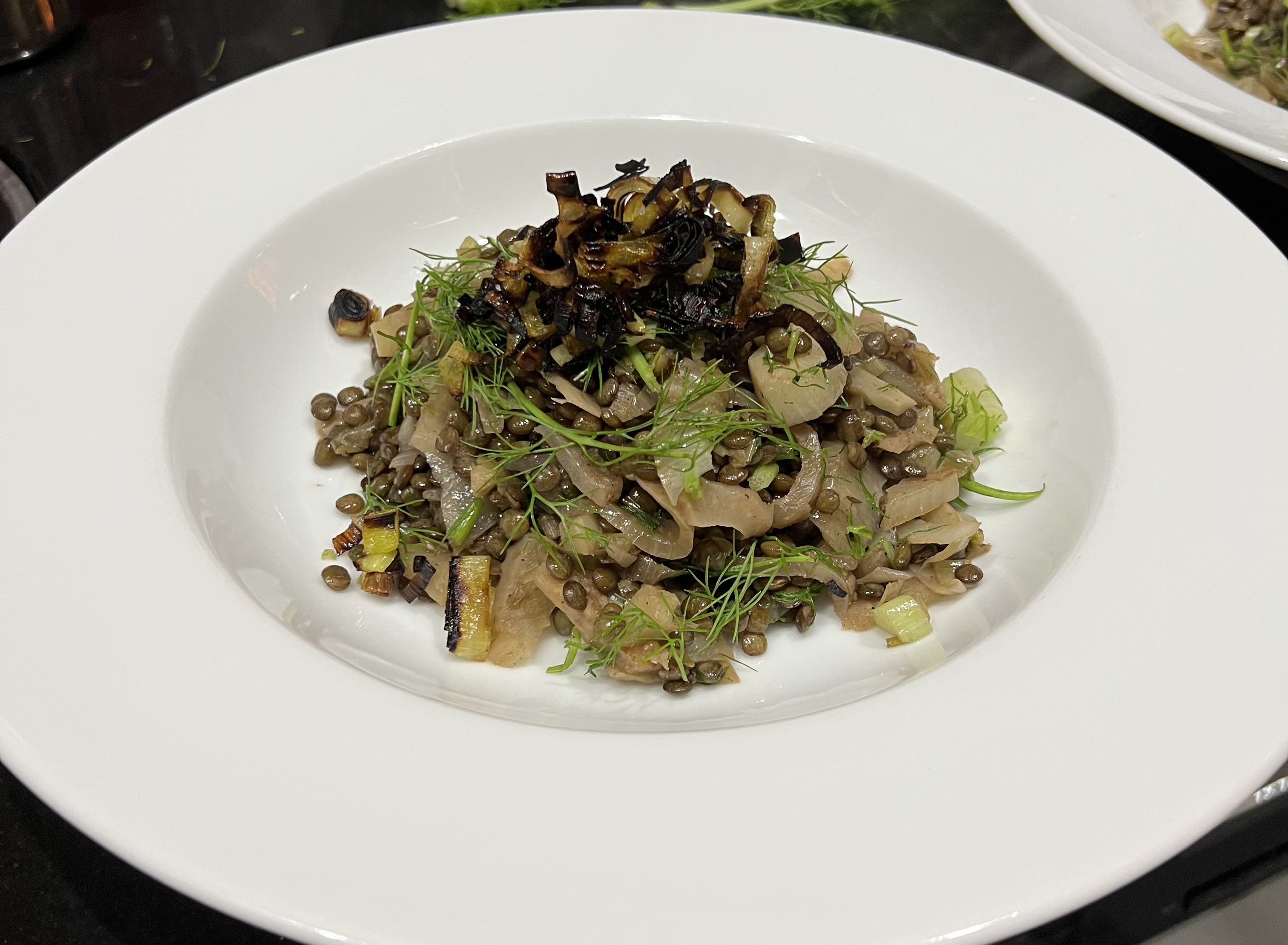 *Lentils with crispy leeks and&nbsp;fennel