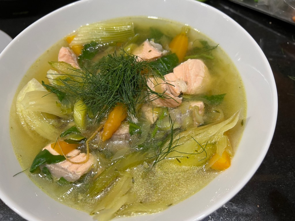 *Poached salmon, leek, and fennel&nbsp;soup