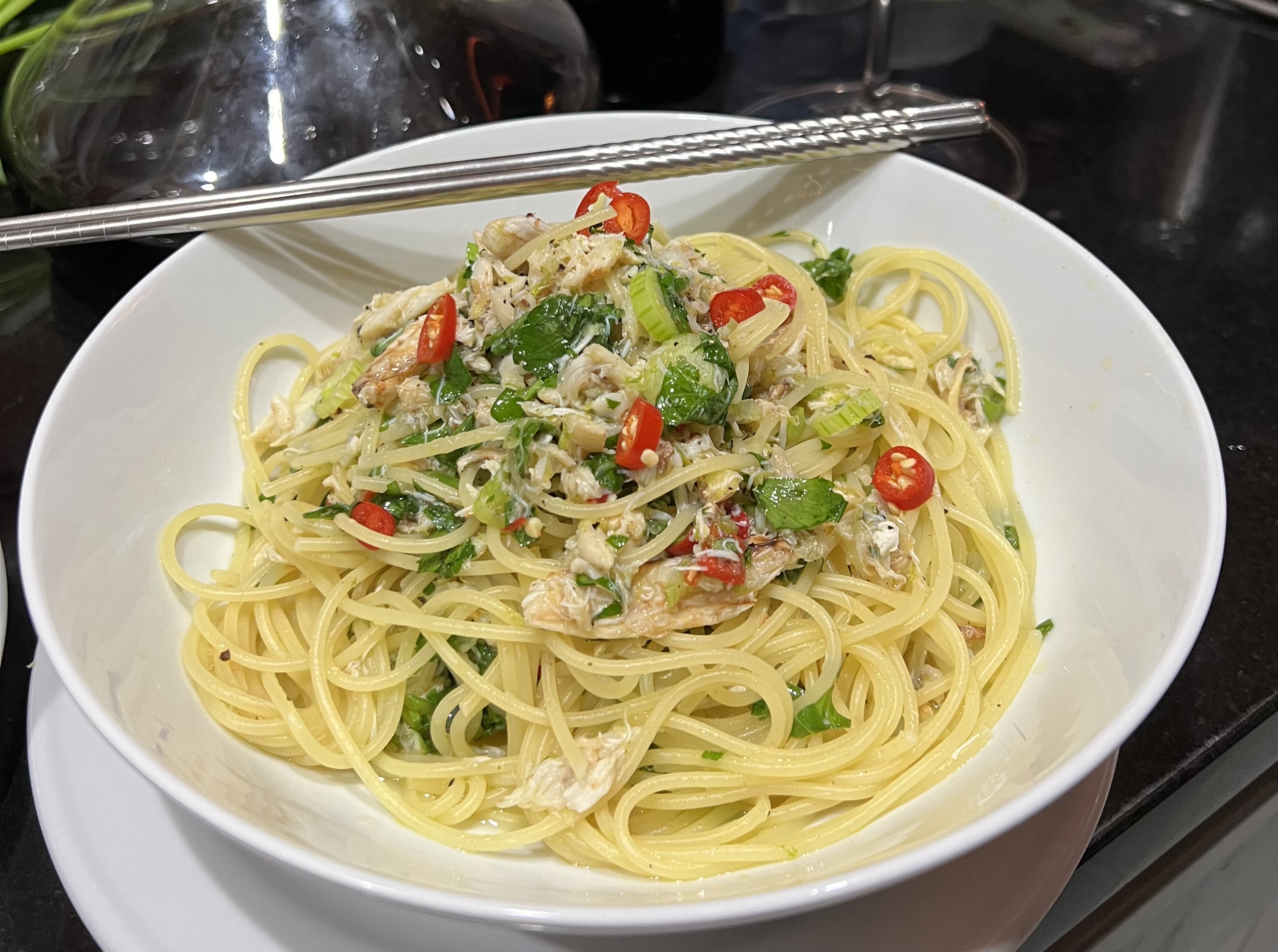 *Spaghettini with crab, lime and chilli