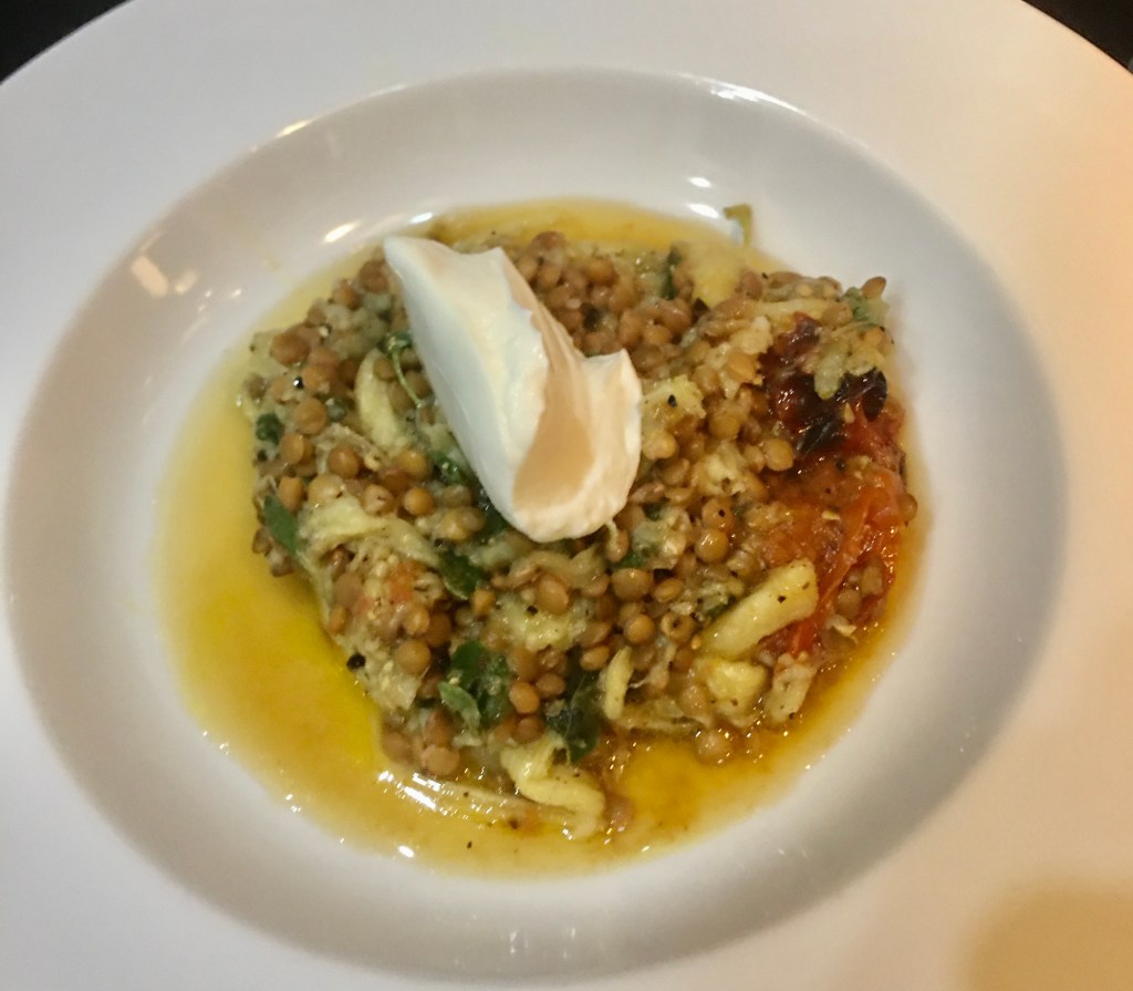 *Puy lentils with aubergine, tomatoes and&nbsp;yoghurt