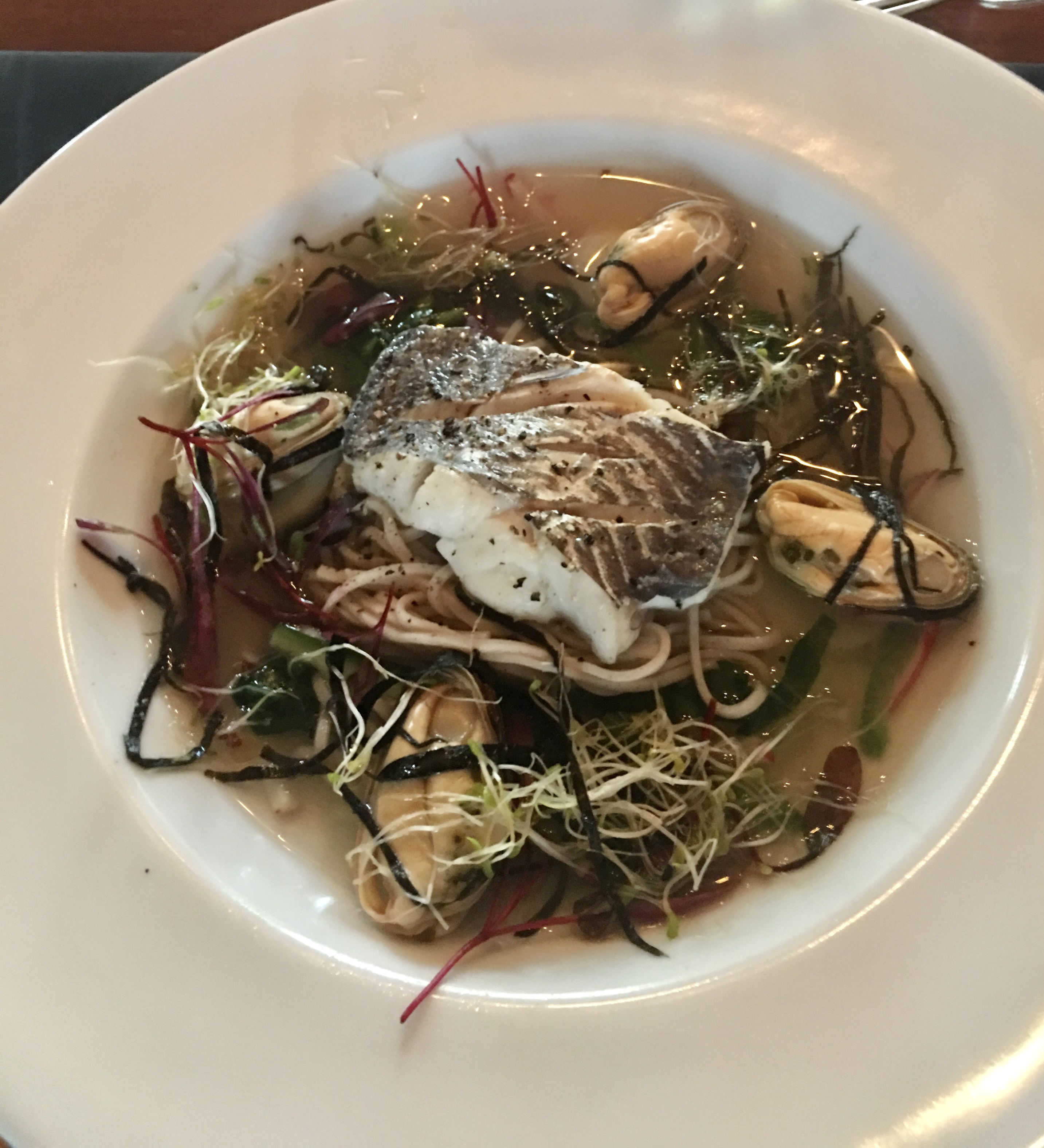 Steamed gindai and mussels with Lemongrass Broth, braised Swiss Chard, and soba&nbsp;noodles