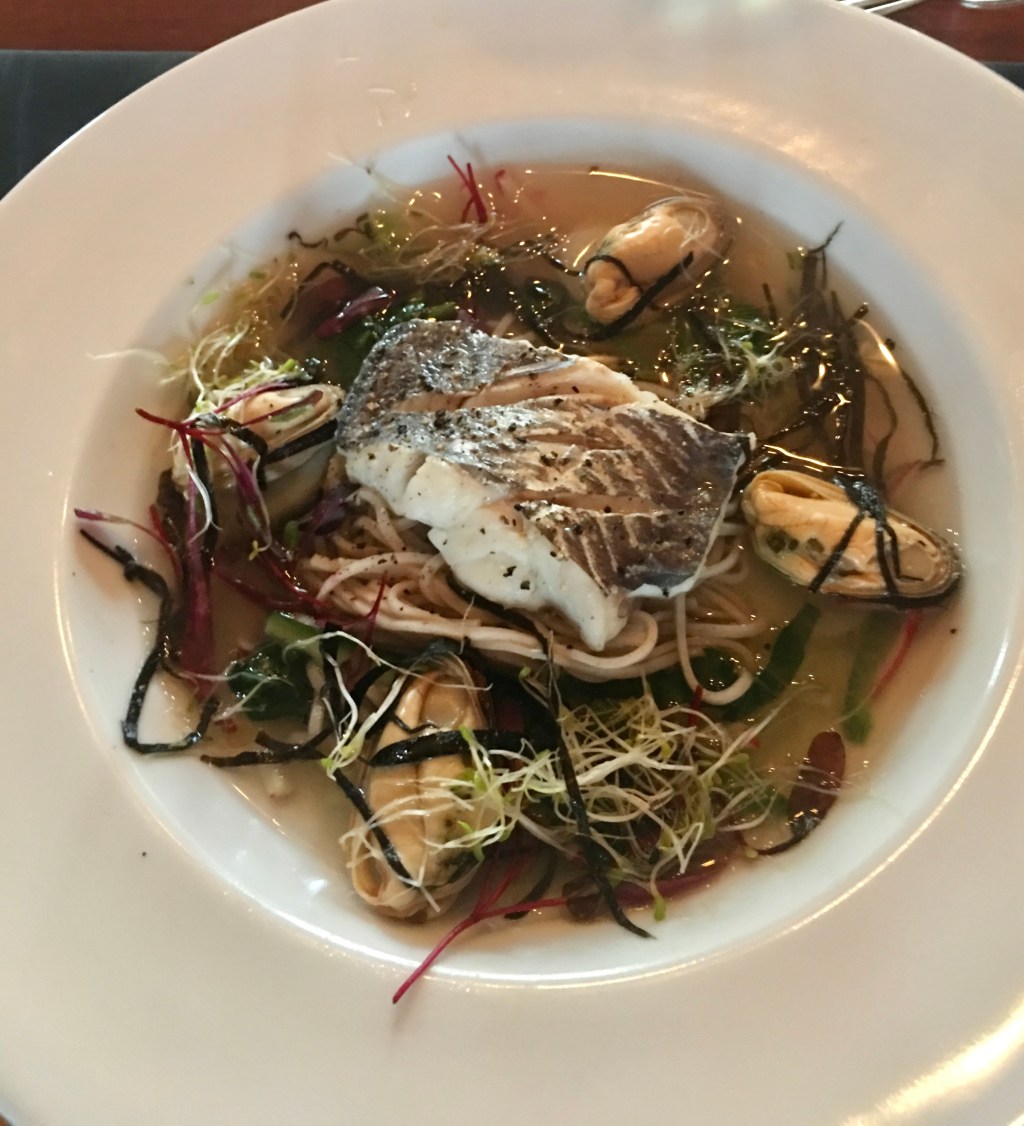 Steamed gindai and mussels with Lemongrass Broth, braised Swiss Chard, and soba&nbsp;noodles