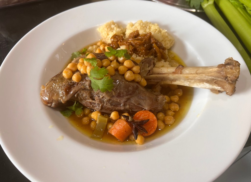Braised spiced lamb shanks with lemon pickle and&nbsp;couscous