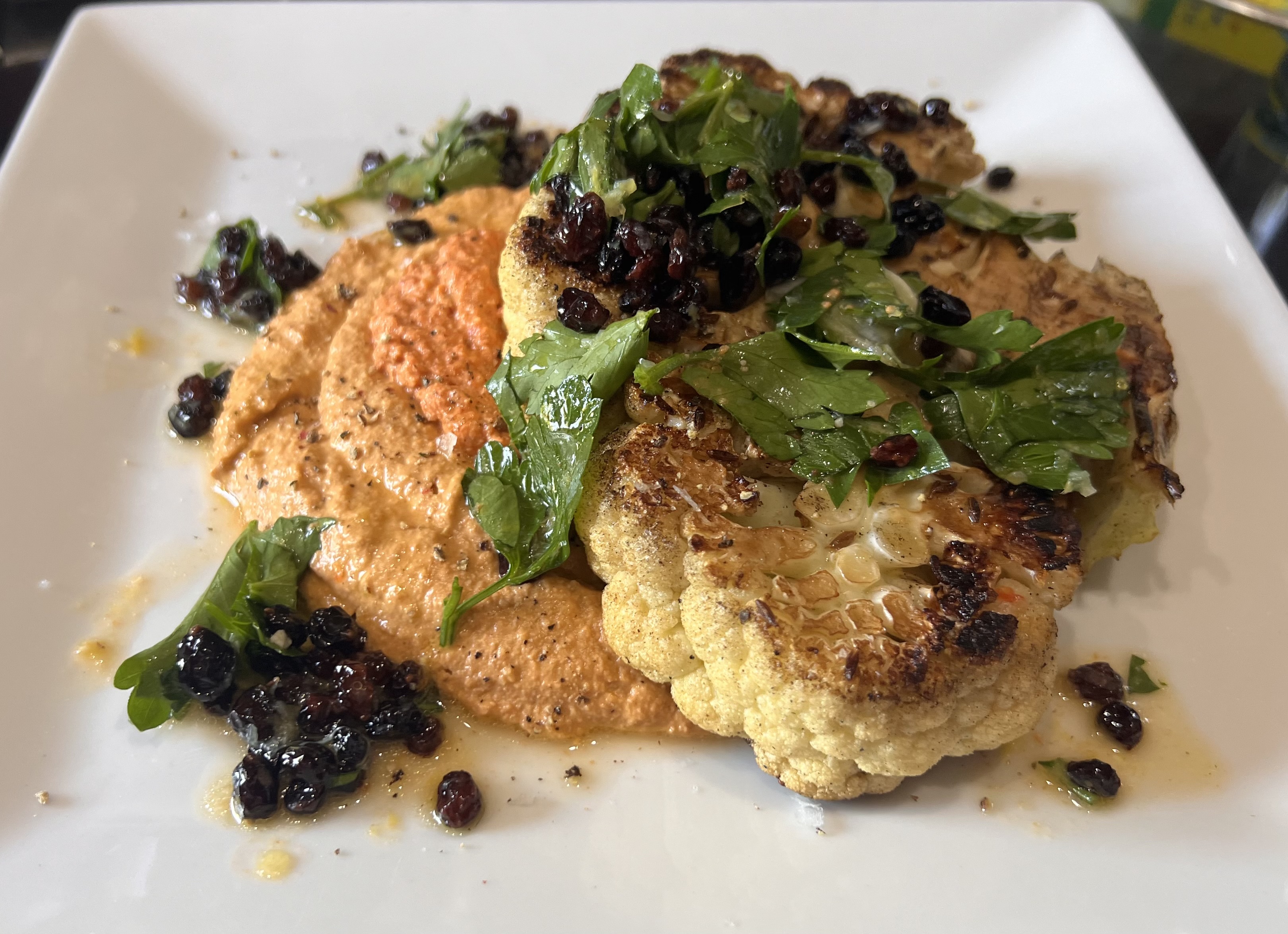 *Cauliflower steaks with red&nbsp;hummus