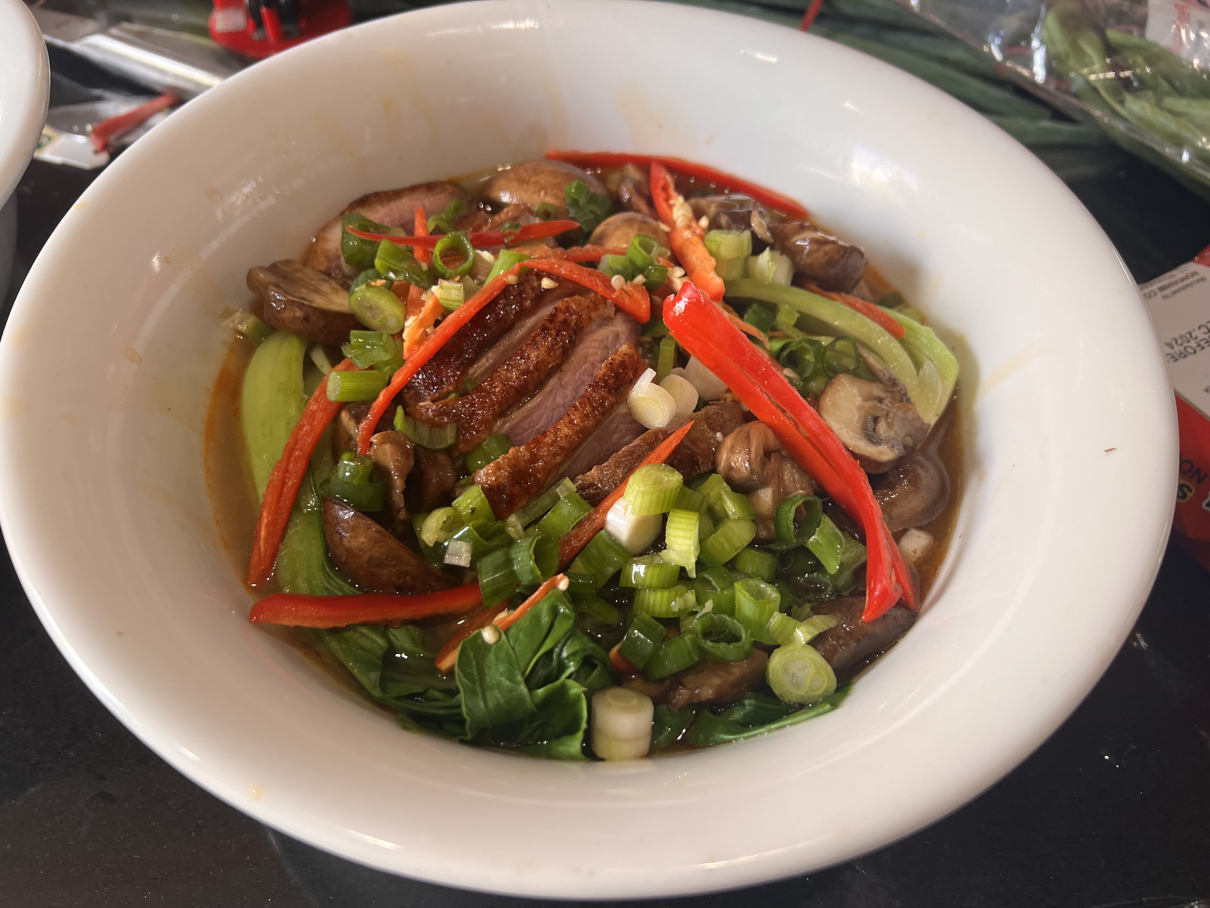 Crispy-skined duck noodle bowl