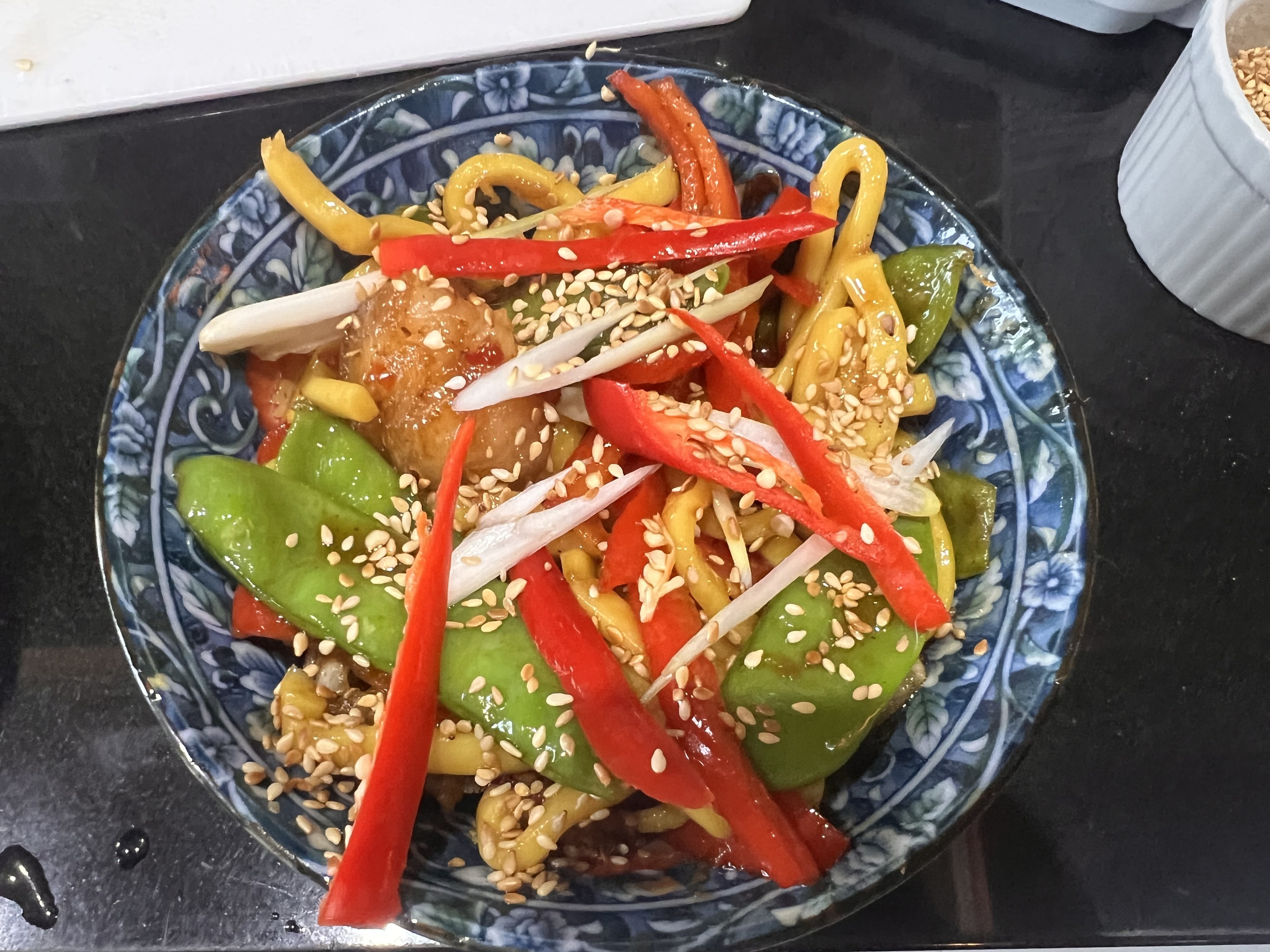 Prawn dumplings & Hokkien noodle stir-fry