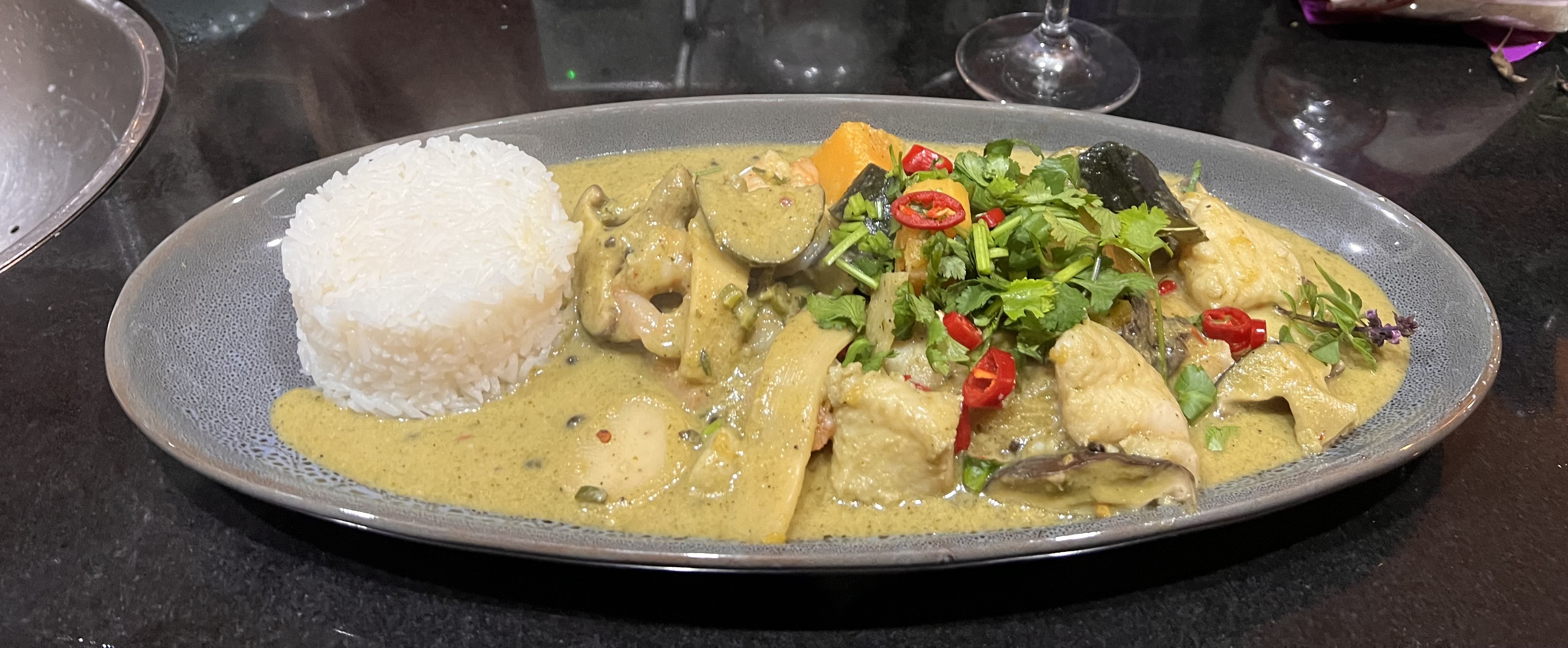 A hot, fragrant, lively curry (with seafood option)