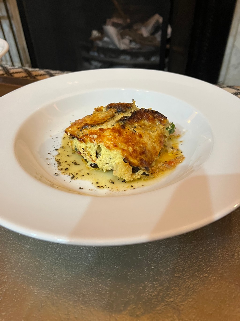 *Baked eggplant, pine nut and Gruyère&nbsp;moussaka