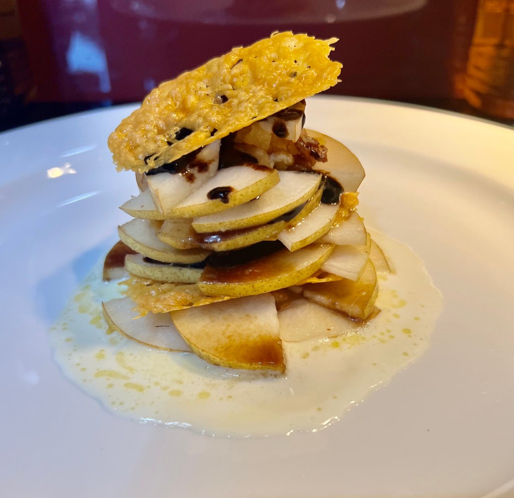 *Parmesan cheese wafers with Parmesan cream, pear and apple&nbsp;balsamic