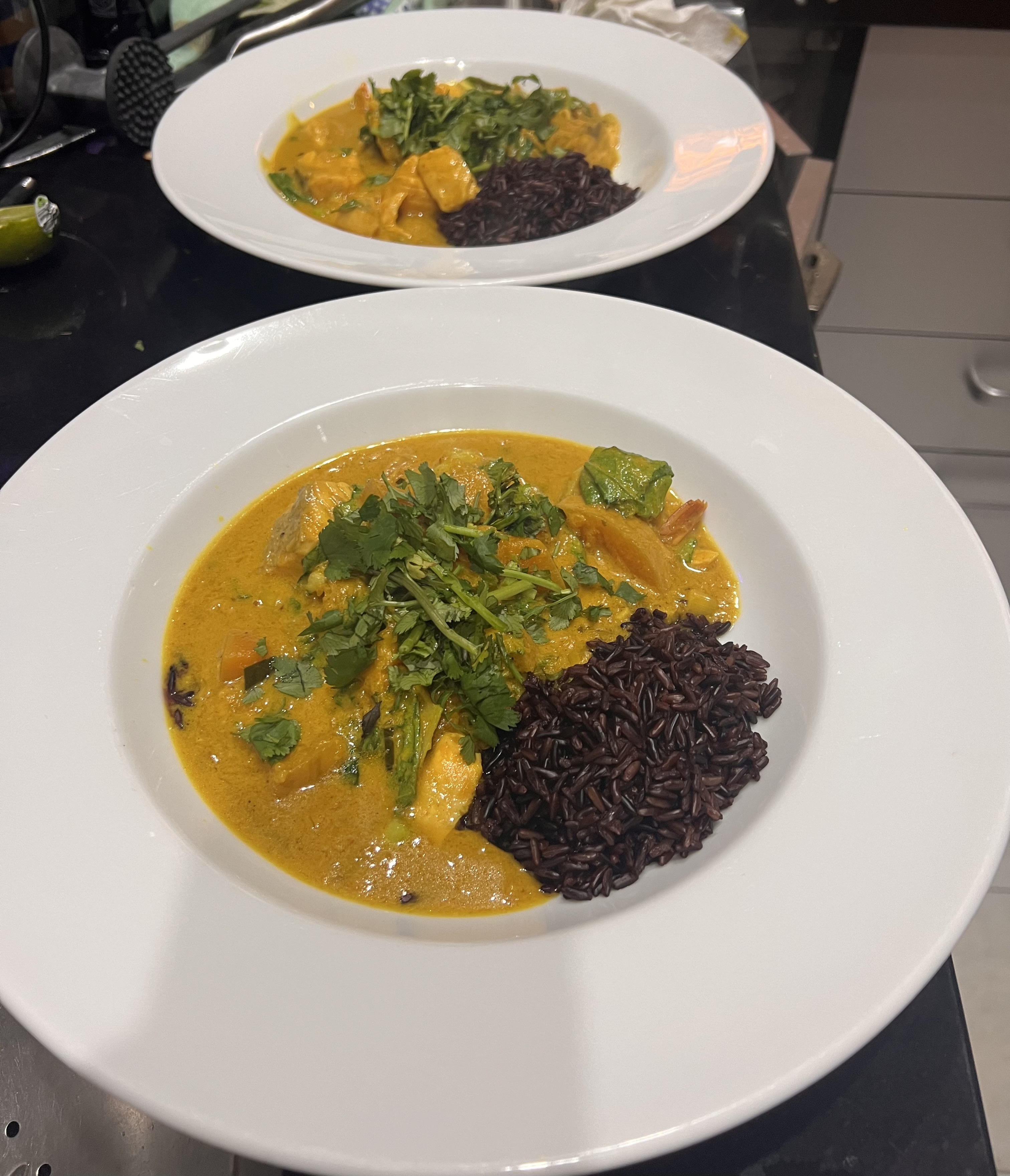 Thai yellow pumpkin and seafood curry