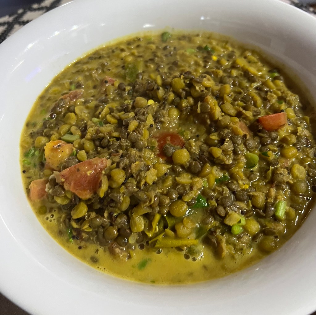 *Creamy lentil and split-pea dal (Moong matar&nbsp;dhaniwal)
