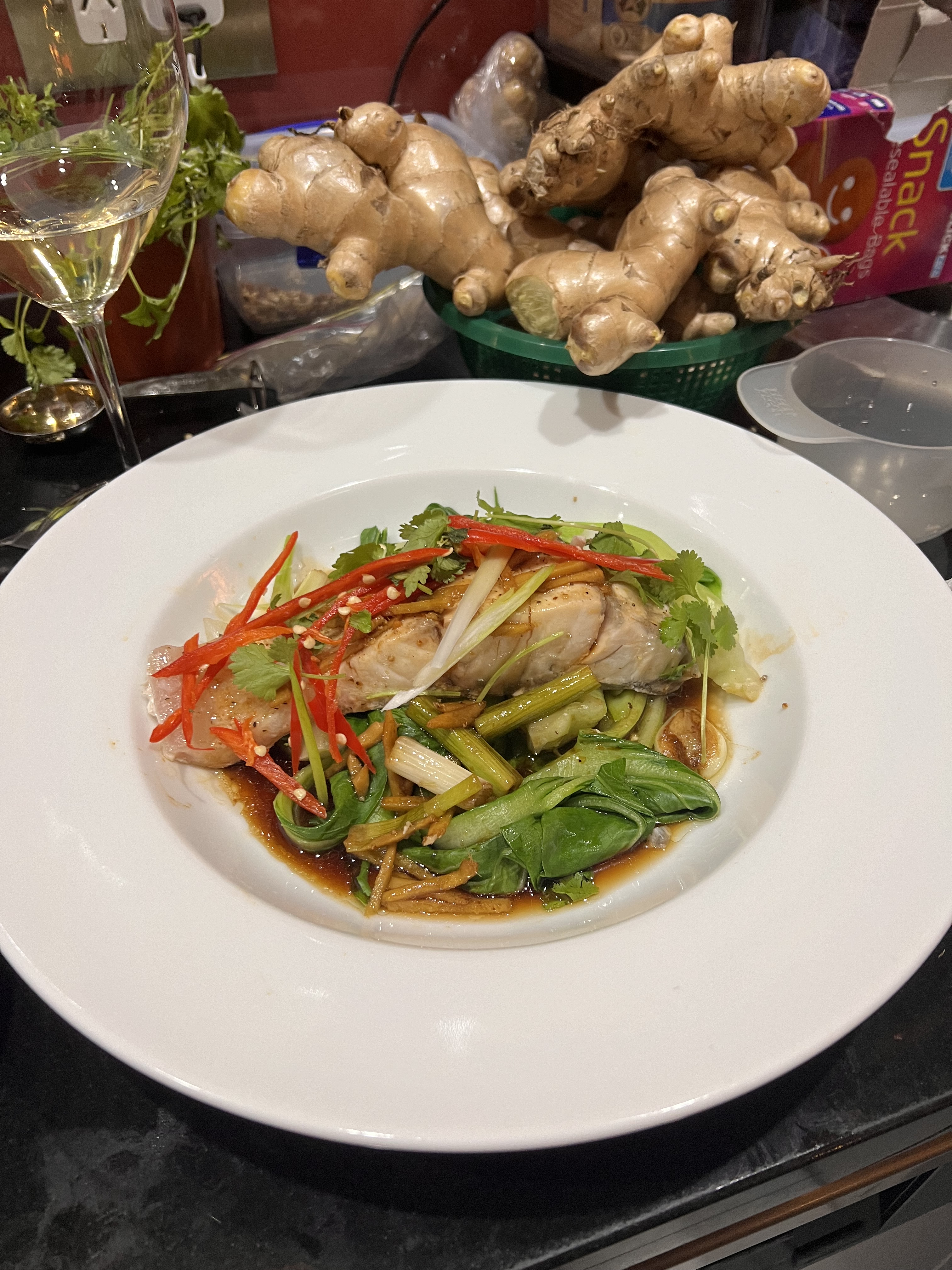 Steamed barramundi fillets with ginger and spring onion sauce