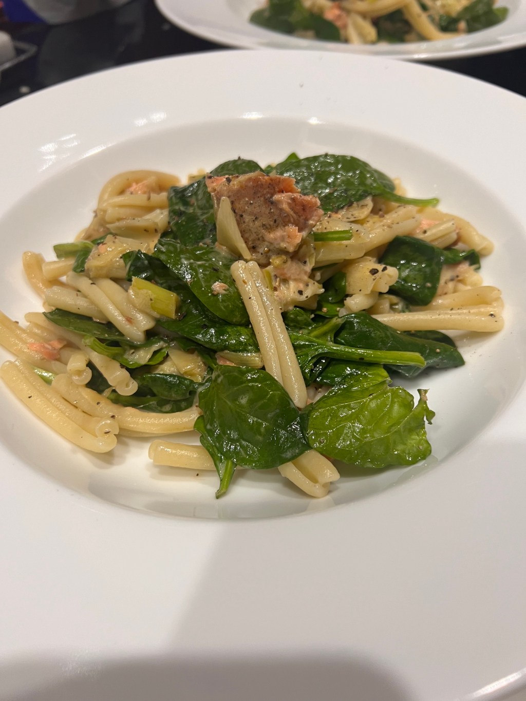 *Filej with hot-smoked salmon, leeks and baby&nbsp;spinach