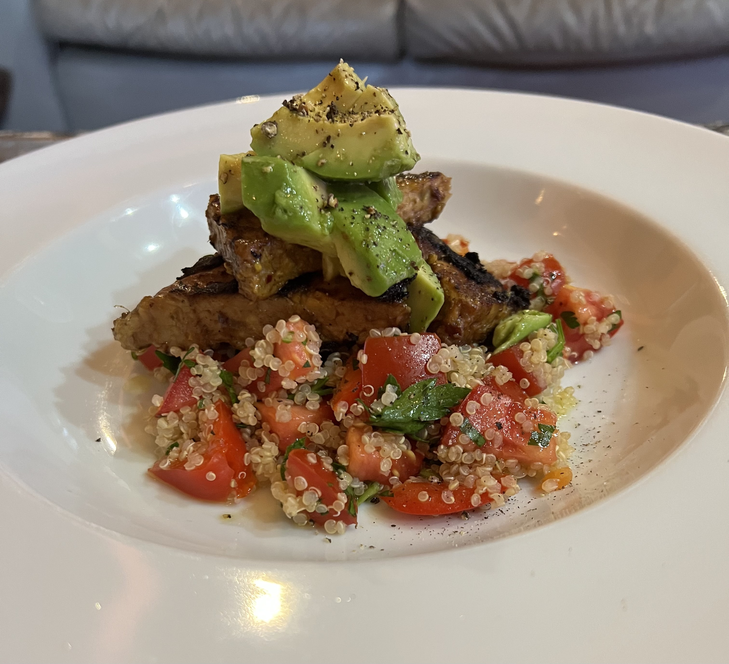 Chargrilled Marinade Tempeh with Avocado Salsa and Summer Quinoa Salad
