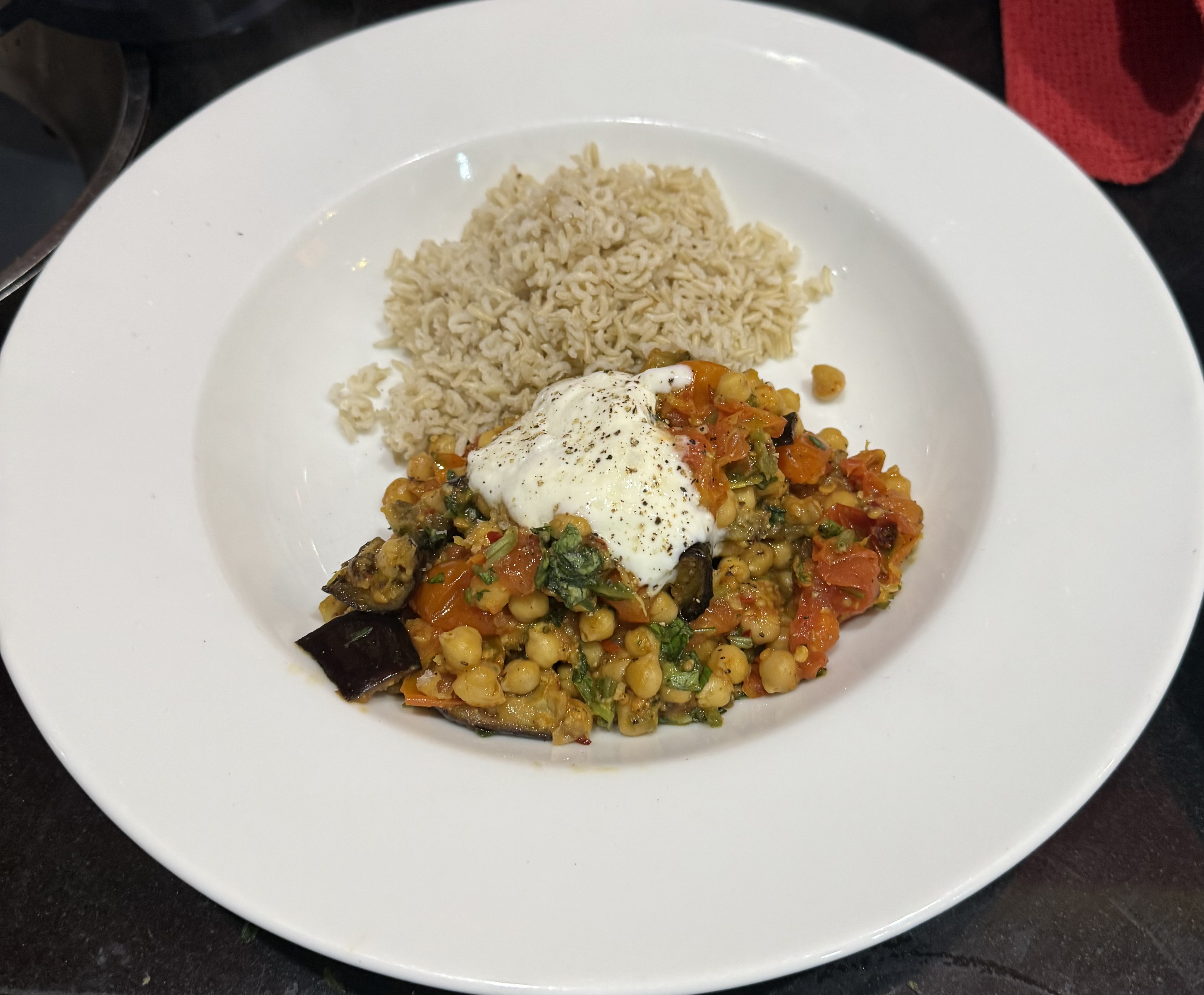 *Aubergine, tomatoes, chickpeas