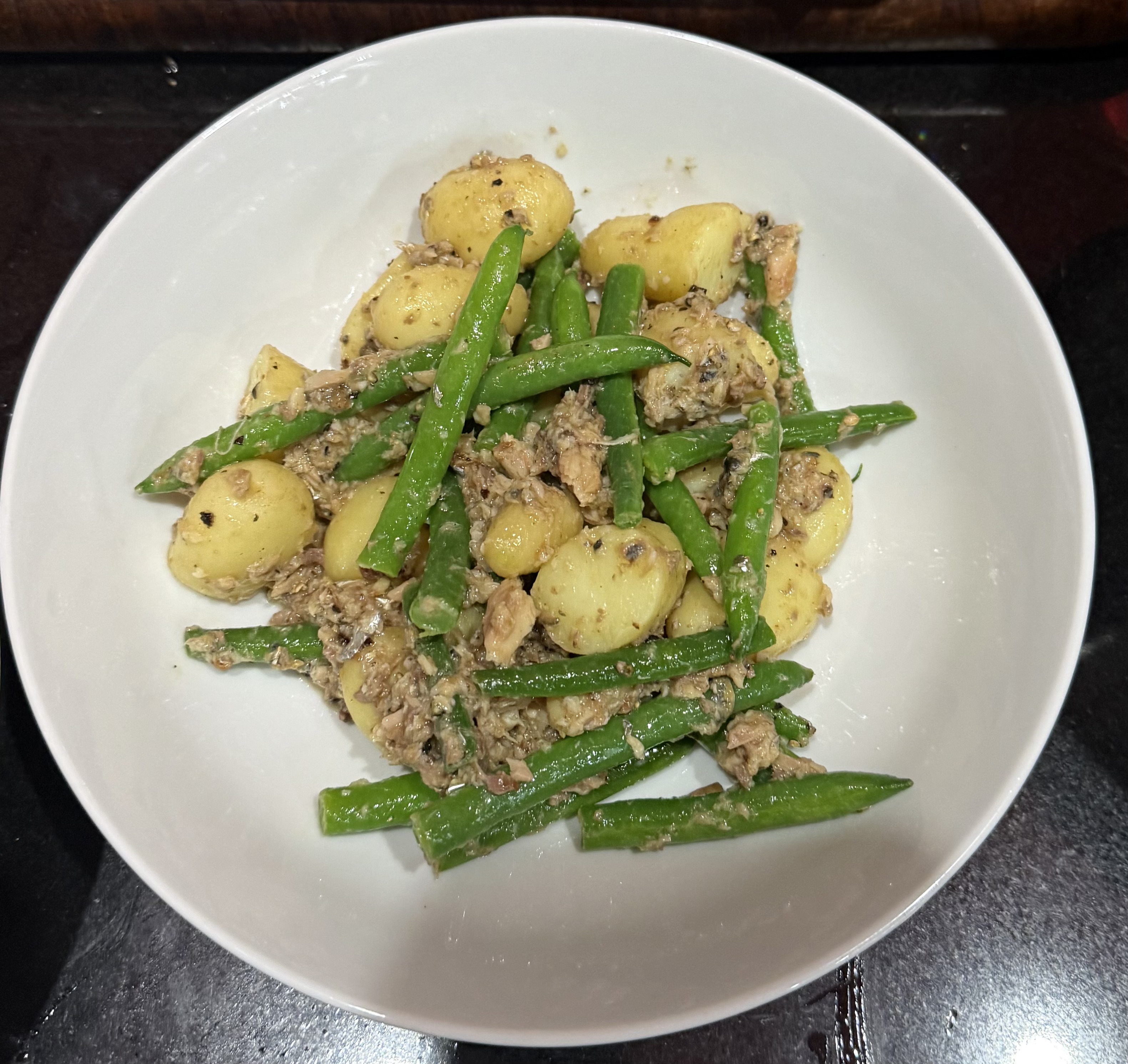 Potatoes, beans, sardines  