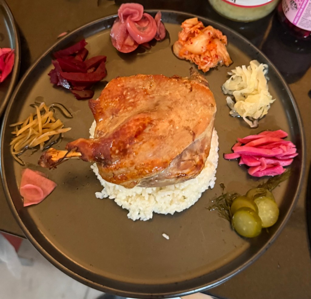 Crispy Duck Confit With Garlicky Duck-Fat Rice and&nbsp;Pickles