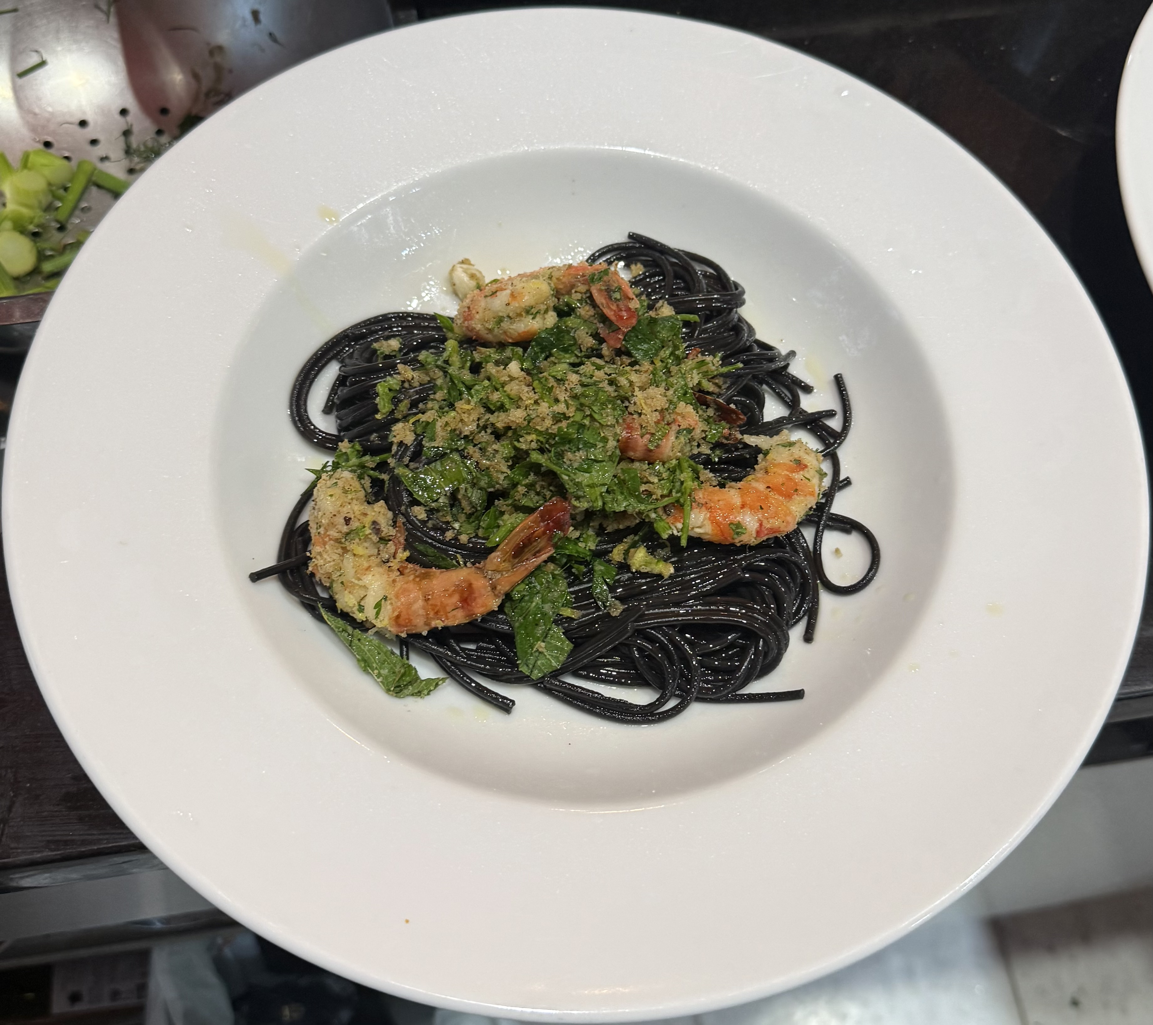 Squid-ink pasta with poached&nbsp;prawns