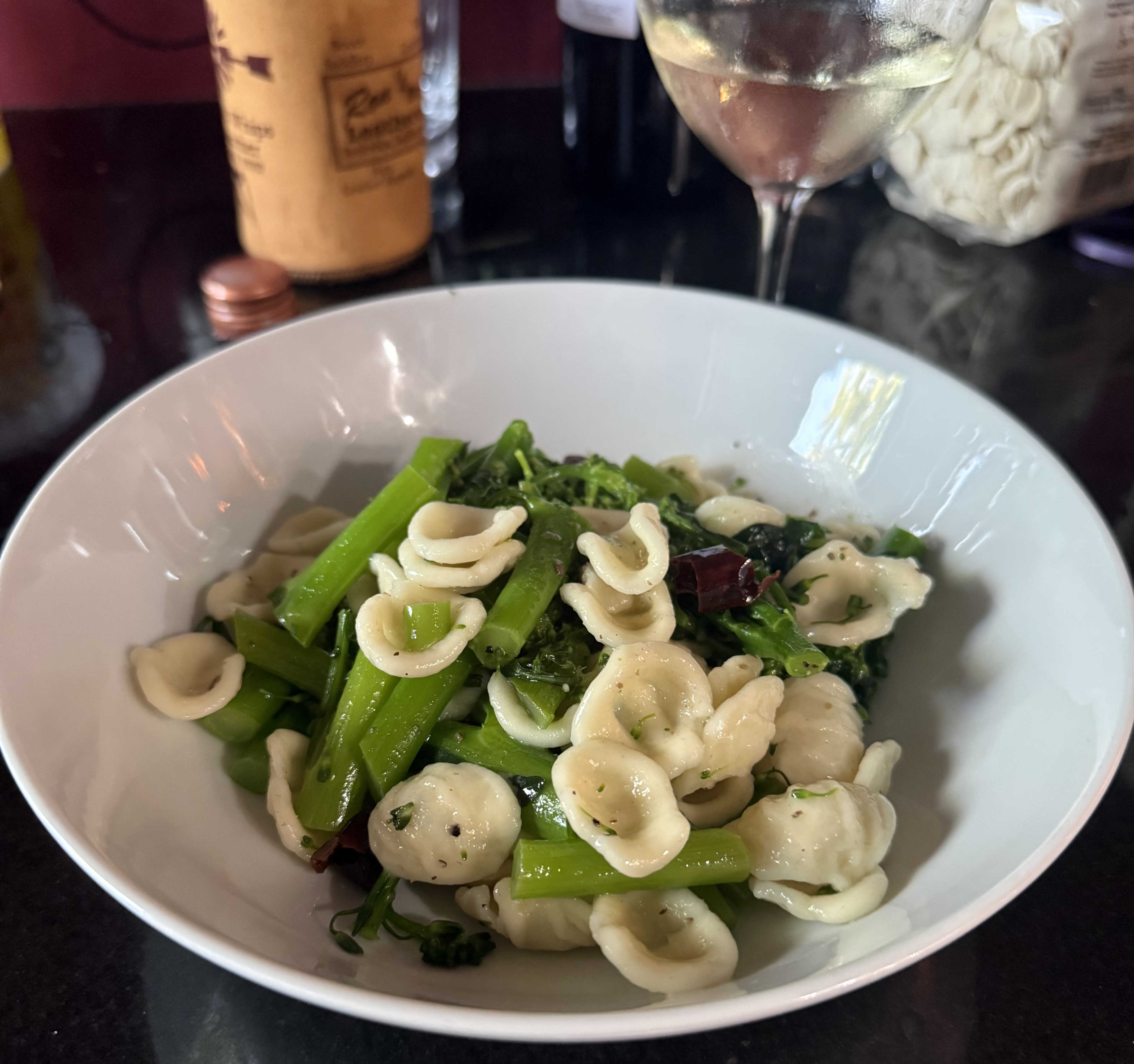 *Orecchiette with cimi (sic) di rapa and anchovies