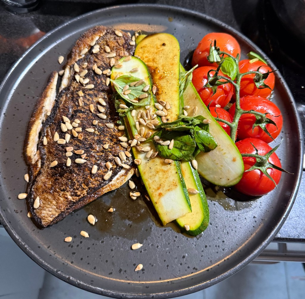 Pan-roasted snapper with cherry tomatoes, zucchini and&nbsp;basil