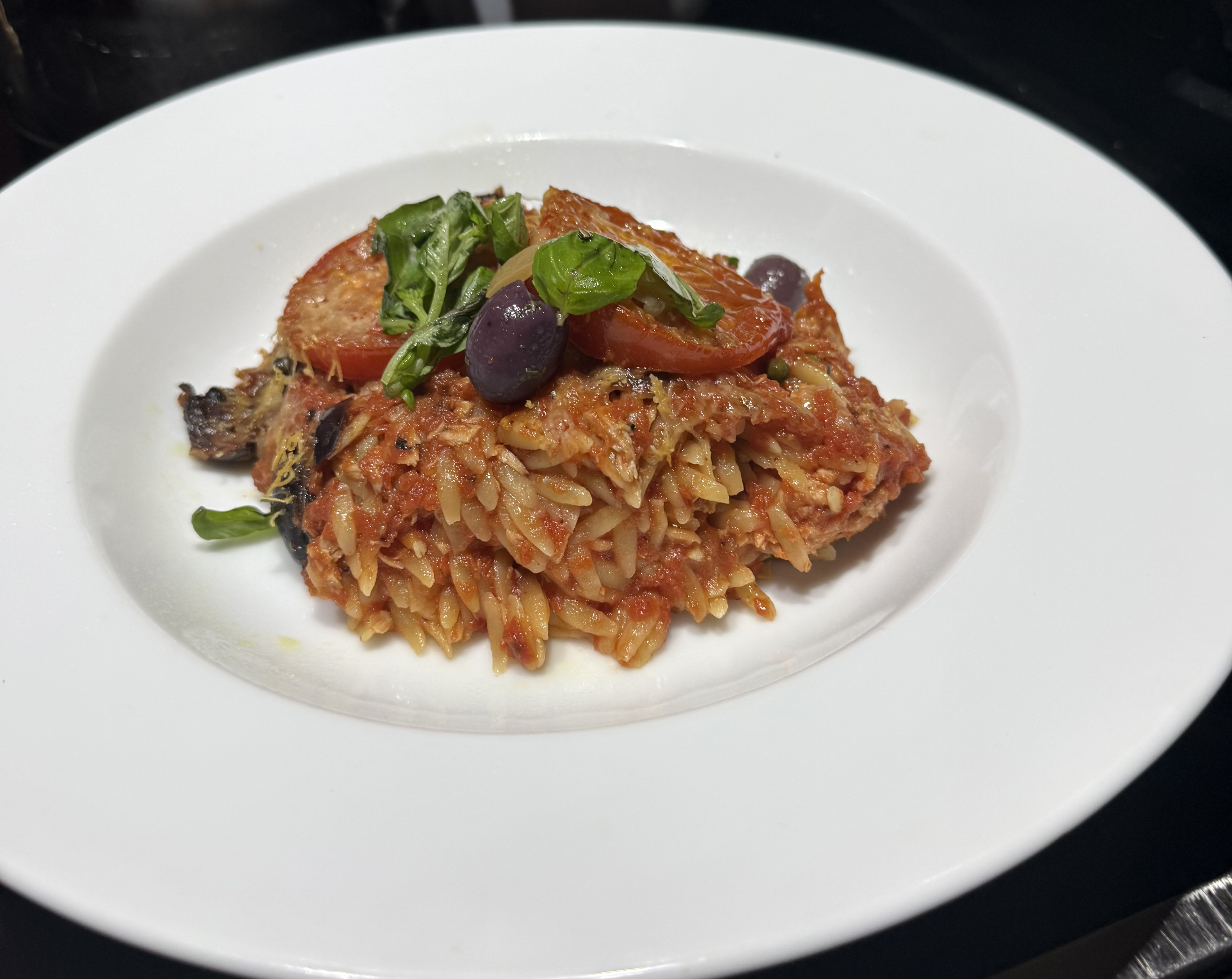 Baked orzo puttanesca